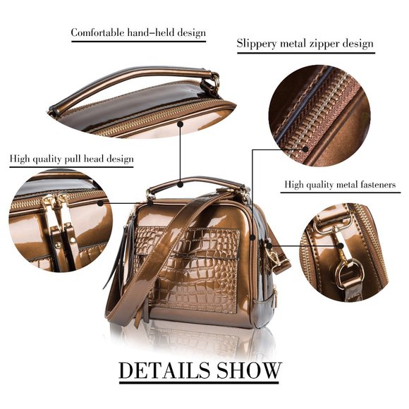 Lucien Hanna Bronze Patent Leather Crossbody Camera Work Tote Purse - Picture 5 of 16